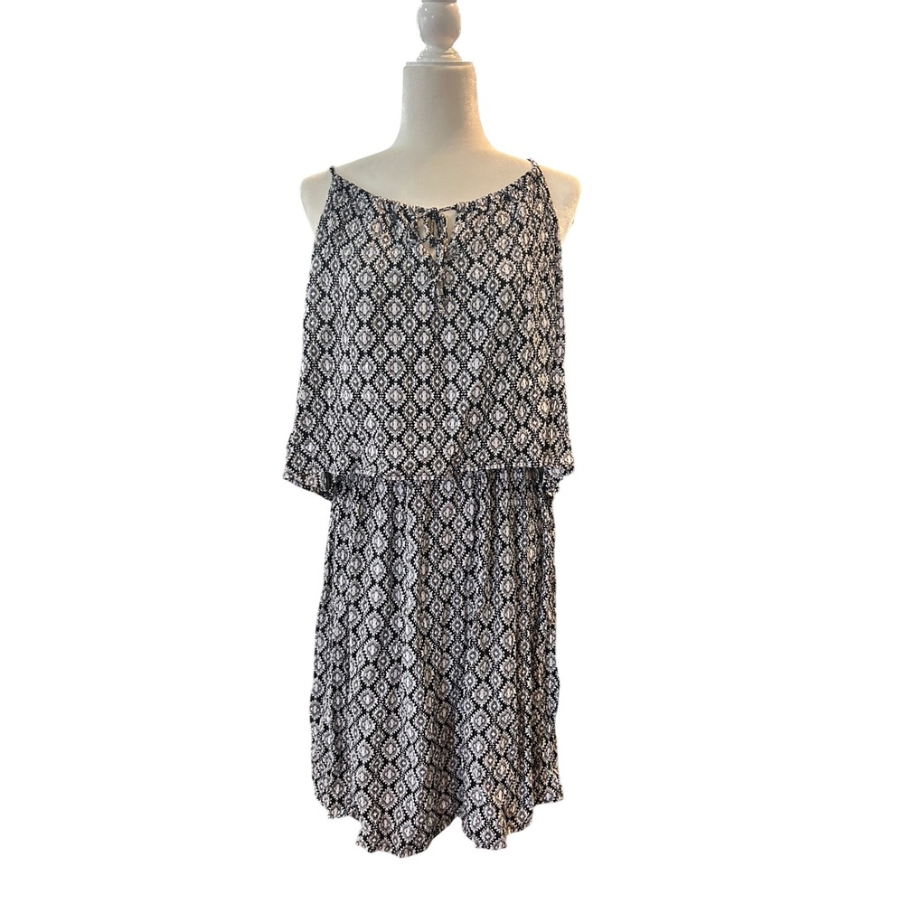 Boho Sleeveless Rayon Dress Black White Geometric Print Summer Casual Sundress L